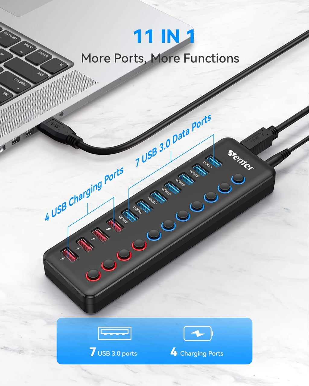 WENTER, 7401, hub USB 3.0 de 11 puertos, alimentado, adaptador 12V/3A