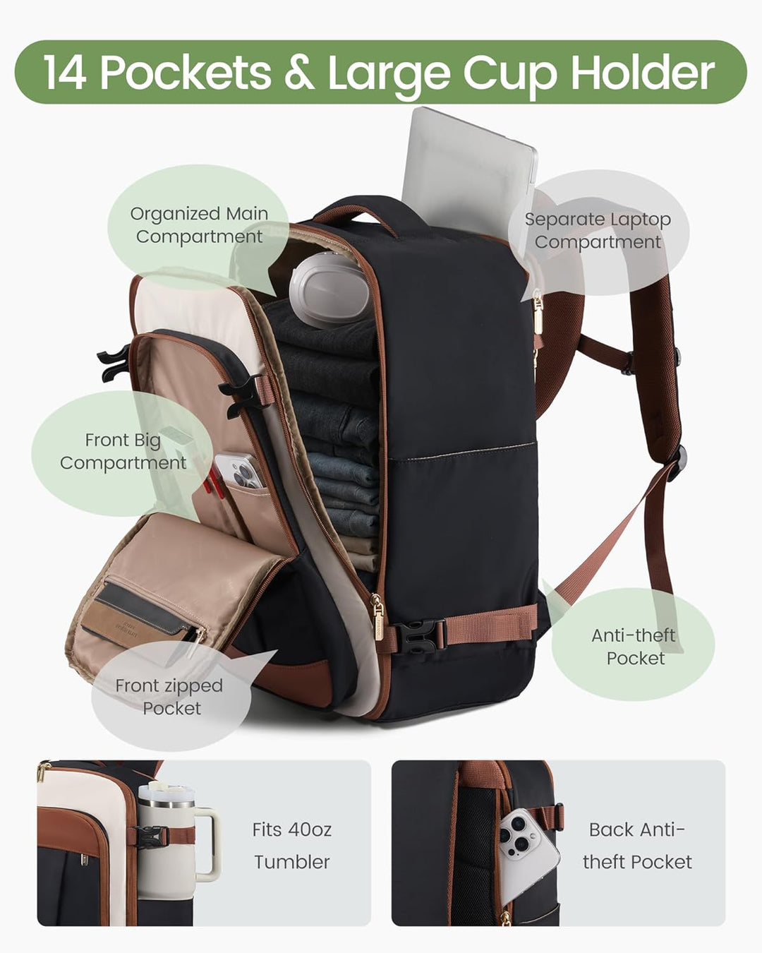 LOVEVOOK Mochila de viaje de 40 L para mujeres y hombres, mochila d...