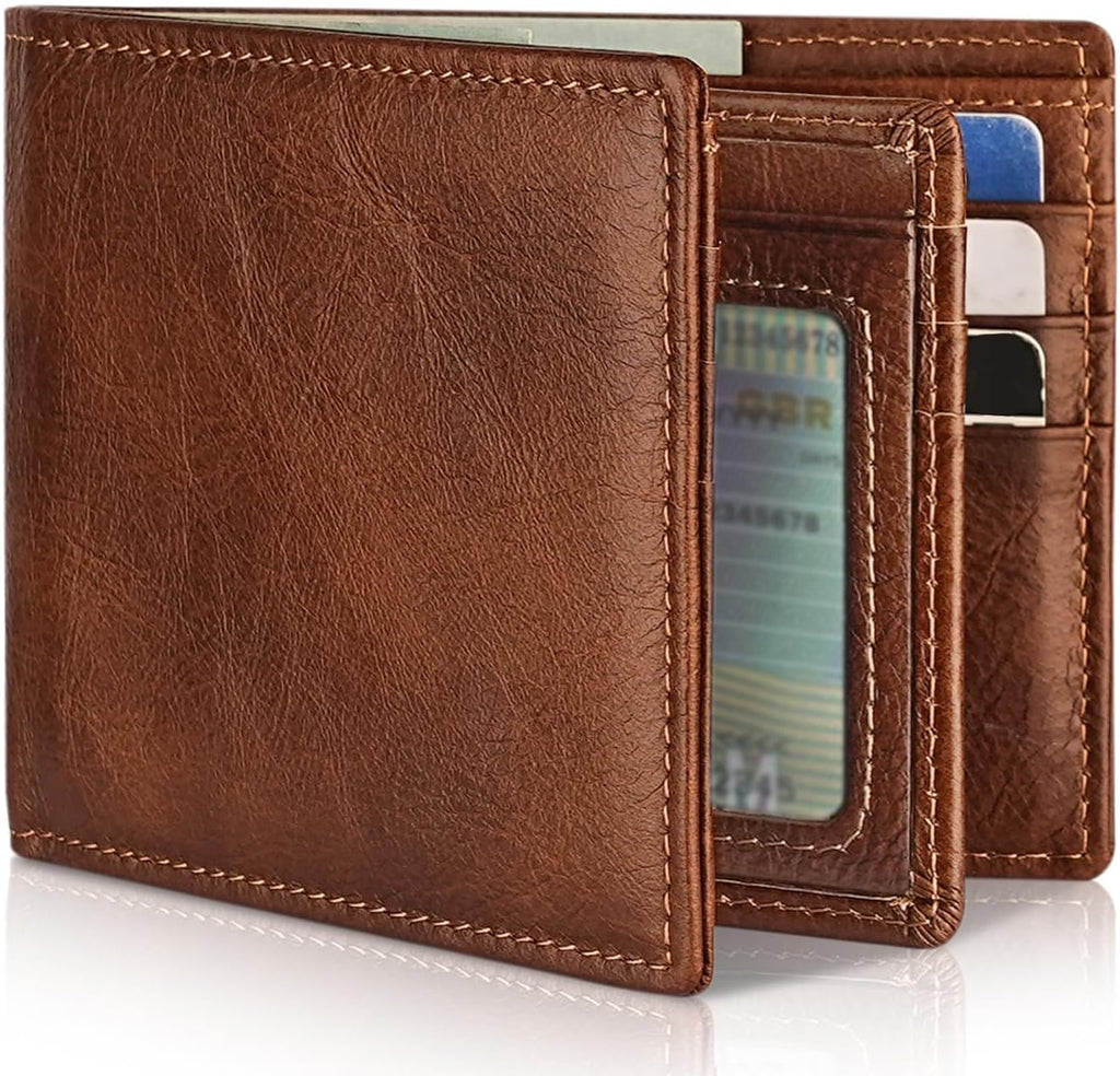 Cartera Artpaxy para hombre de cuero genuino plegable con bloqueo RFID, con 1 ventana para identificación, 13 ranuras para tarjetas, 2 bolsillos para efectivo, 1 caja de regalo, Marrón, Classic