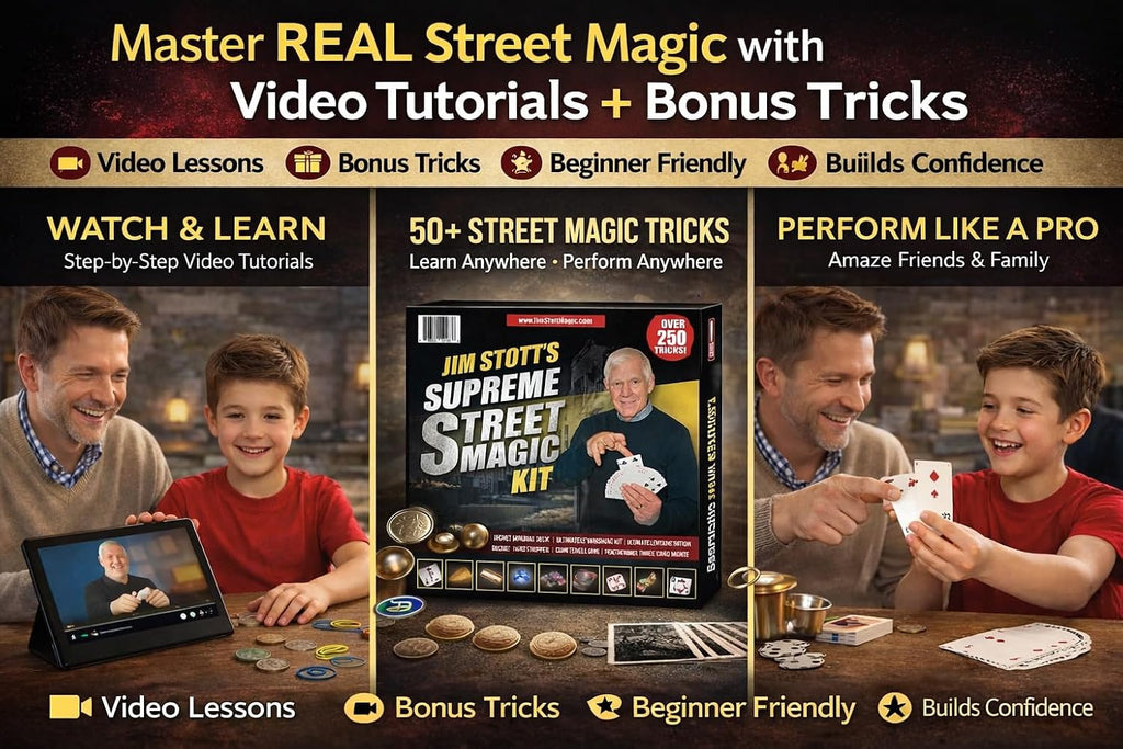 Jim Stott's Supreme Street Magic Kit – Más de 250 trucos de magia fáciles para niños a partir de 8 años, adolescentes y adultos | Trucos de cartas, magia de monedas
