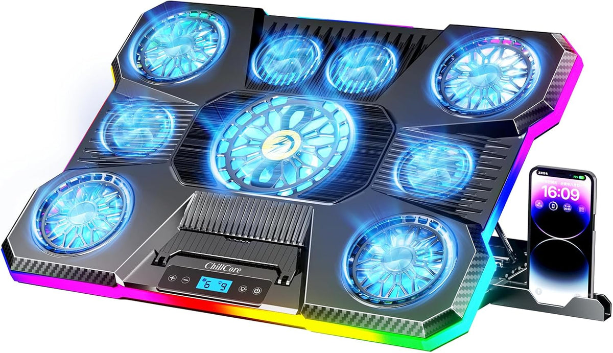 Almohadilla de enfriamiento para laptop, enfriador de laptop con luces RGB, 9 ventiladores para laptops de 15.6-19.3 pulgadas, almohadilla de enfriamiento con ventilador para laptop de