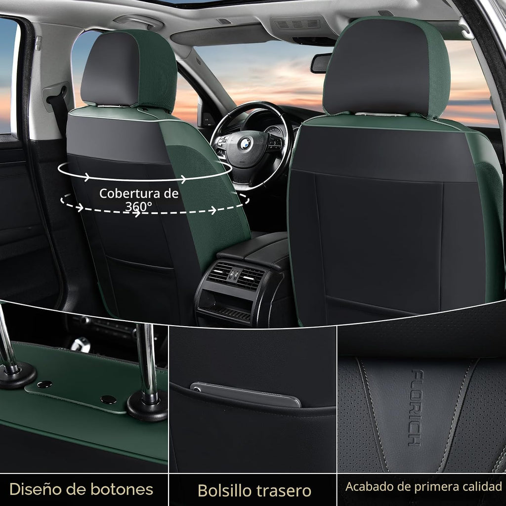 Juego completo de fundas de cuero para asientos delanteros y traseros de automóvil, impermeables, cobertura completa, protector de asiento de automóvil, ajuste universal para la mayoría de automóviles, SUV, camiones, negro y verde