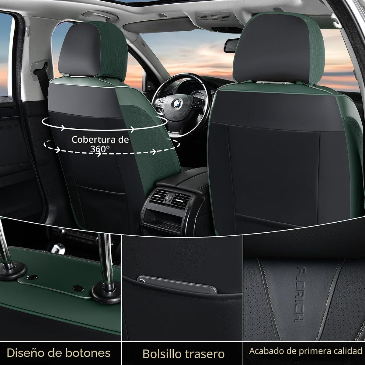 Juego completo de fundas de cuero para asientos delanteros y traseros de automóvil, impermeables, cobertura completa, protector de asiento de automóvil, ajuste universal para la mayoría de automóviles, SUV, camiones, negro y verde