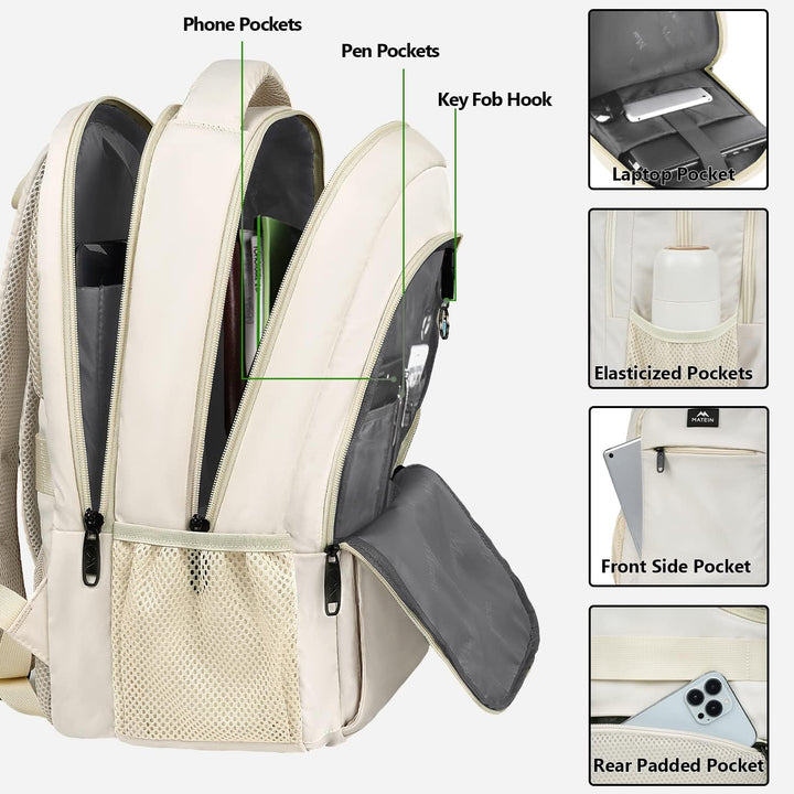 MATEIN - Mochila beige para laptop de 15.6 pulgadas, ligera y resis...