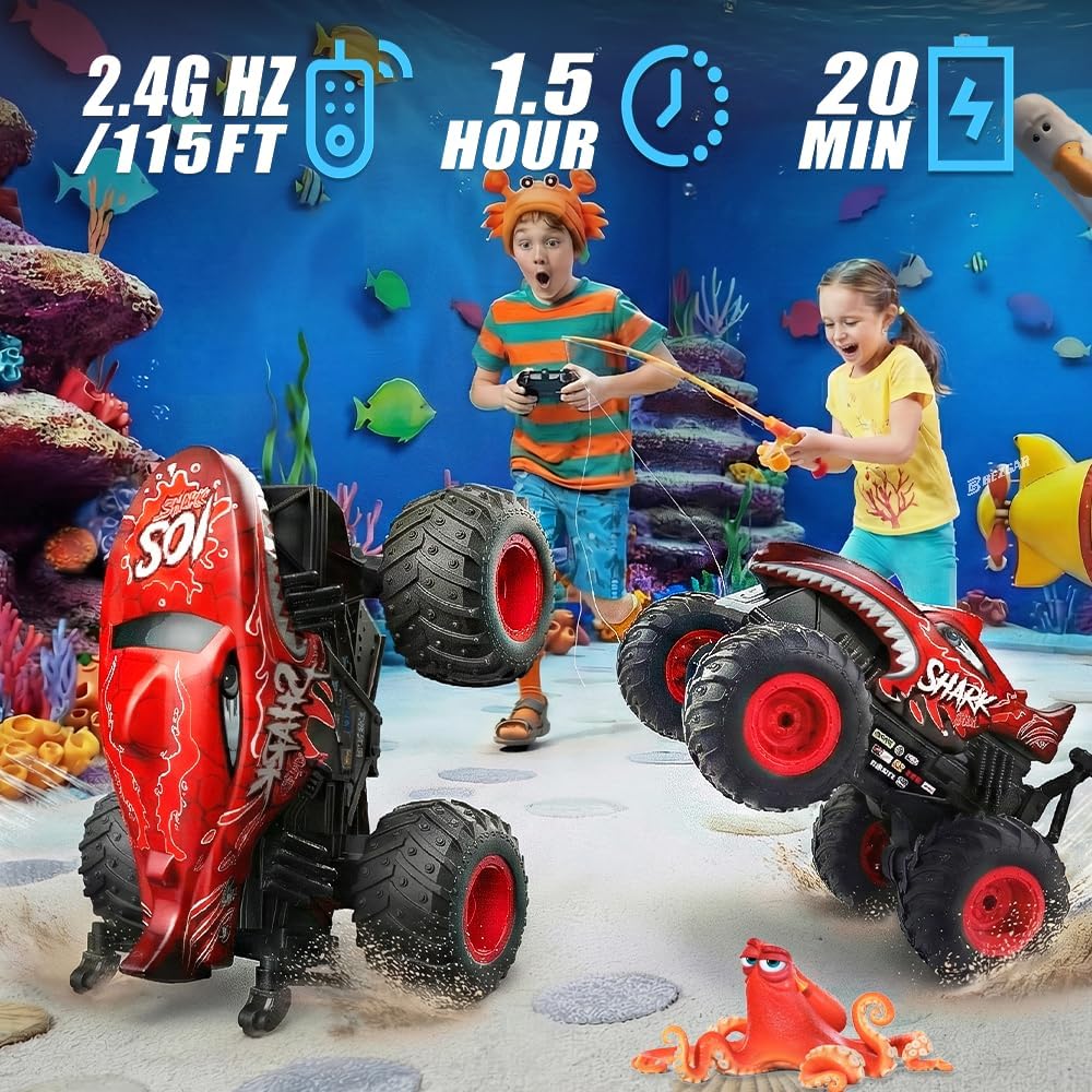 BEZGAR Camión monstruo, camión monstruo de control remoto con giros bailarines, luces y música, auto de control remoto 1:20 para niños de 4 a 7, 5, 6, 7, 8, 9, 10 años (rojo)