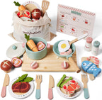 Accesorios de cocina de juguete de madera, juegos de ollas y sartenes de simulación para juego de cocina de niños con estufa de juguete, juegos de cocina para niños pequeños, juguetes de alimentos