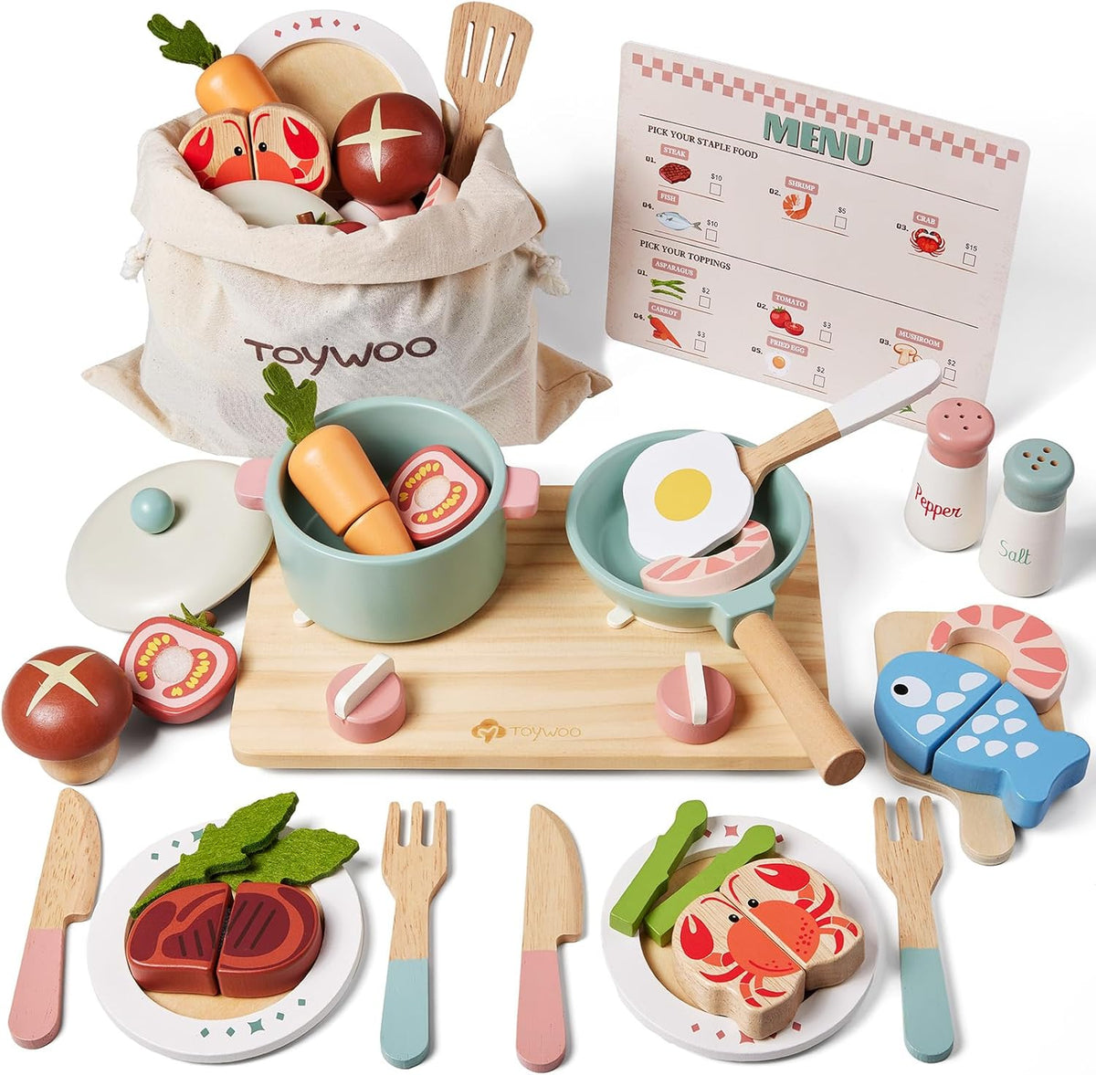 Accesorios de cocina de juguete de madera, juegos de ollas y sartenes de simulación para juego de cocina de niños con estufa de juguete, juegos de cocina para niños pequeños, juguetes de alimentos