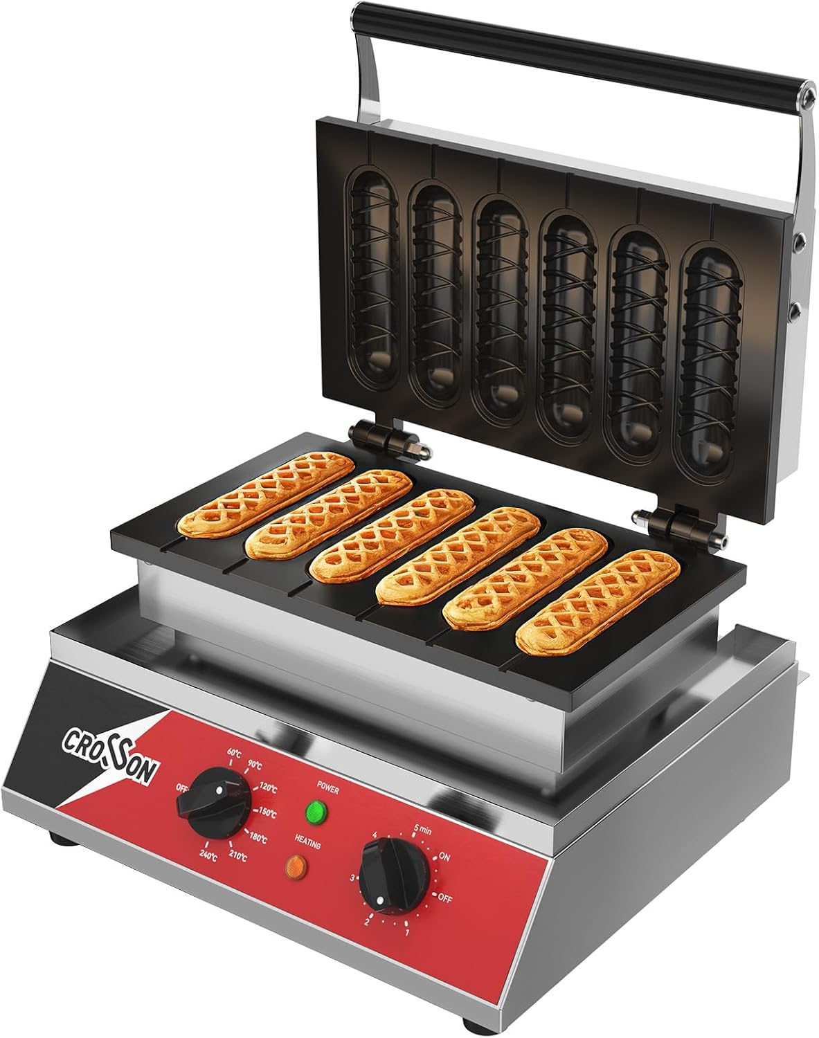 CROSSON Máquina de gofres comercial de 6 piezas, antiadherente de triple capa con revestimiento de maíz para perros calientes con rango de temperatura de 140-480 ℉ y temporizador de 5 minutos, máquina para restaurante, panadería, barra de aperitivos, 120