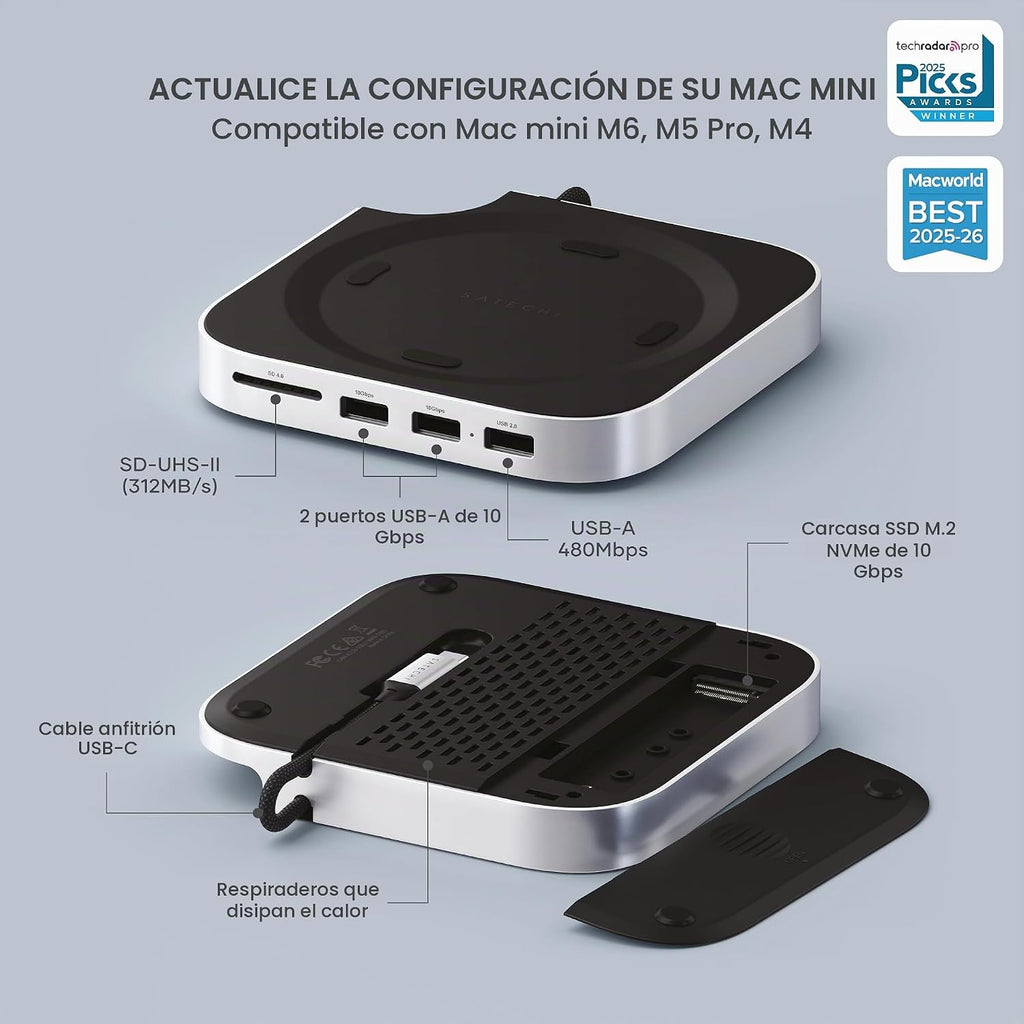 Satechi Mac mini M6, M5 Pro, M4 Hub & Stand con NVMe SSD Enclosure, Silver