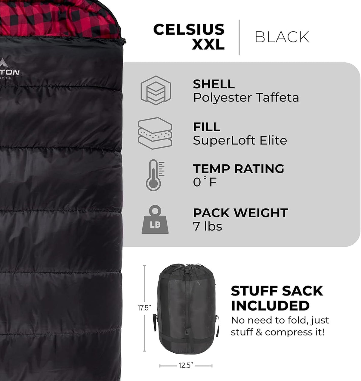 Teton Celsius XXL Sleeping Bag, Bolsas de Dormir para Clima Frío para Adultos y Niños, Acampar Fácil y Abrigado. Incluye Sacó de Compresión
