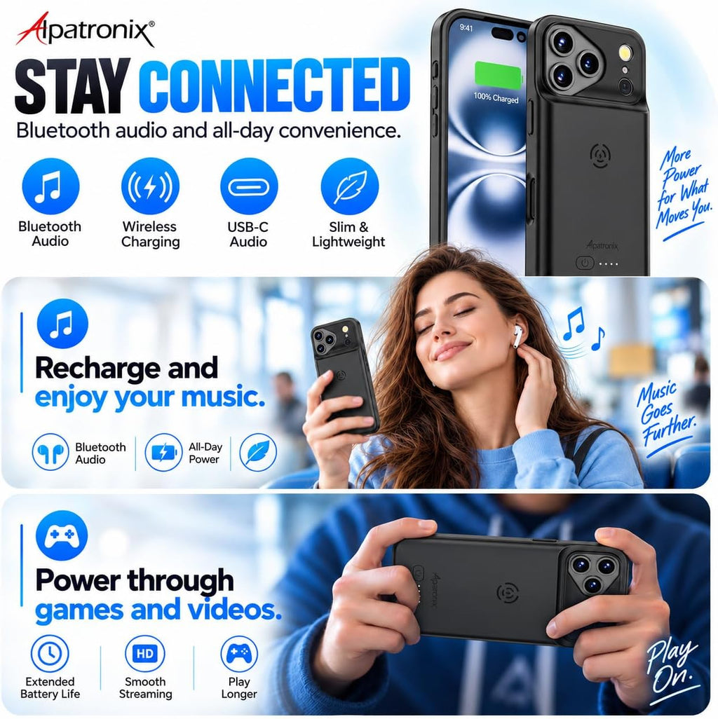 Alpatronix Funda de batería para iPhone 18 Pro Max, funda de carga inalámbrica delgada y portátil, funda de cargador extendida, carga rápida de 15 W, negro mate de alta capacidad