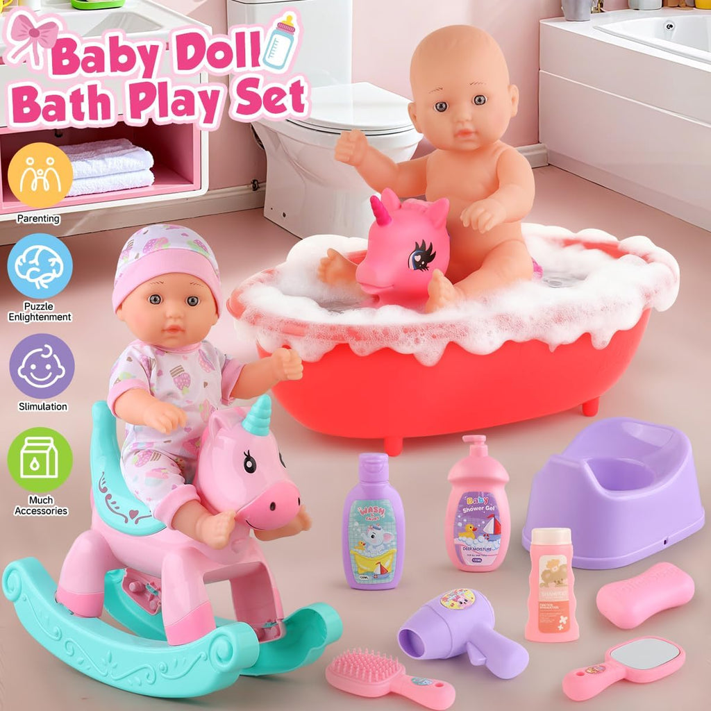 Juego de juguetes de baño para muñecas con bañera, muñecas de bebé...