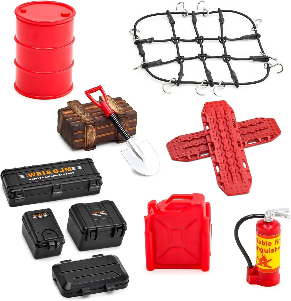Juego de 10/12 piezas de accesorios de orugas a control remoto, kit de herramientas de recuperación de decoración a escala 1/18 1/24 para autos RC 1:18/24 como Traxxas TRX-4M, Axial SCX24, FMS