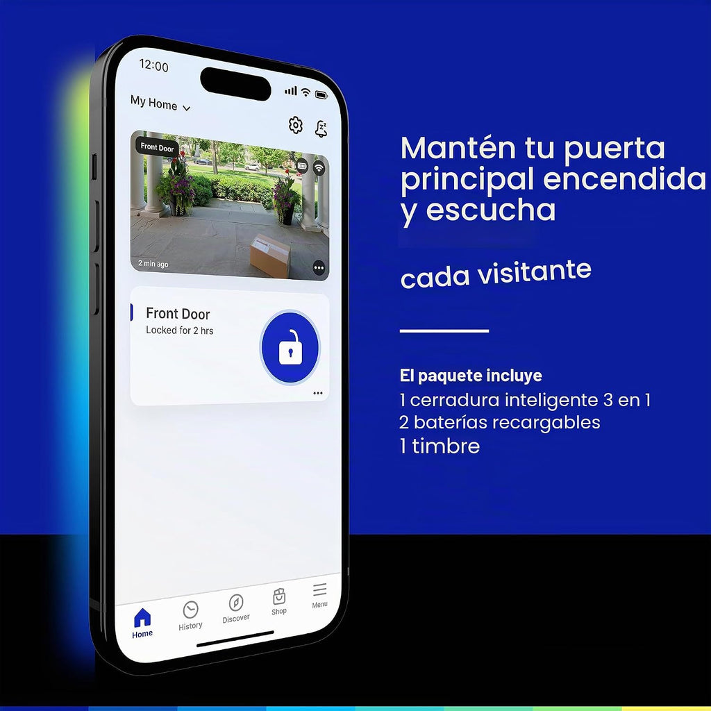 myQ Secure View™ - Cerradura inteligente 3 en 1 + timbre myQ + batería adicional, bloqueo de entrada sin llave, cámara de timbre HDR 2K, acceso facial, huella digital y PIN, control de aplicaciones