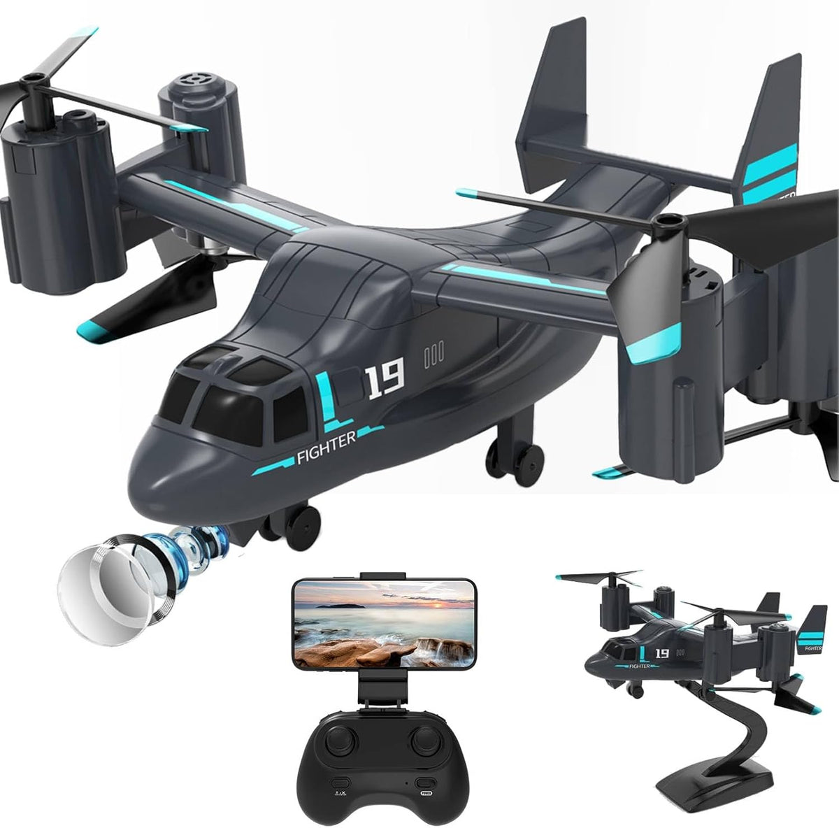 Helicóptero de control remoto, LM19 Ospery Helicóptero militar RC con cámara en vivo para fanáticos militares, modo de vuelo y deslizamiento terrestre, helicóptero de control remoto para adultos mayores de 14 años