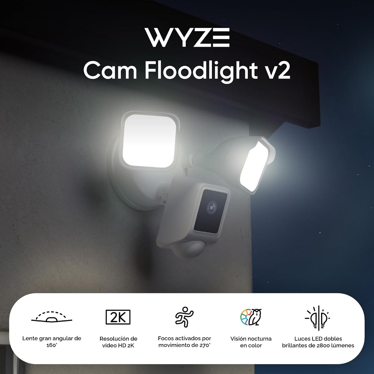 WYZE Floodlight Camera v2 con montaje enchufable, cámara de seguridad 2K HD para exteriores, visión nocturna a color, activada por movimiento, caja eléctrica con cable de alimentación resistente a la