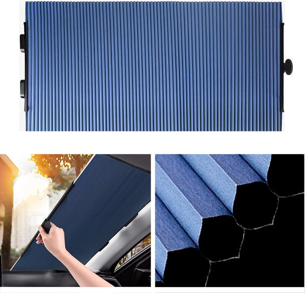 Parasol retráctil para parabrisas de coche, protector solar celular inalámbrico bloquea el 99% de los rayos UV para mantener el vehículo fresco, parasol de nido de abeja se ajusta a varios modelos con