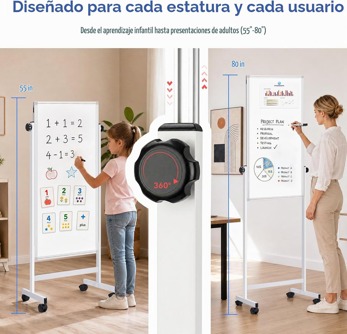 maxtek Pizarra blanca rodante, 48 x 24 pulgadas de altura ajustable sobre ruedas, gran tablero de caballete móvil magnético de pie, doble cara con soporte para oficina, hogar y aula