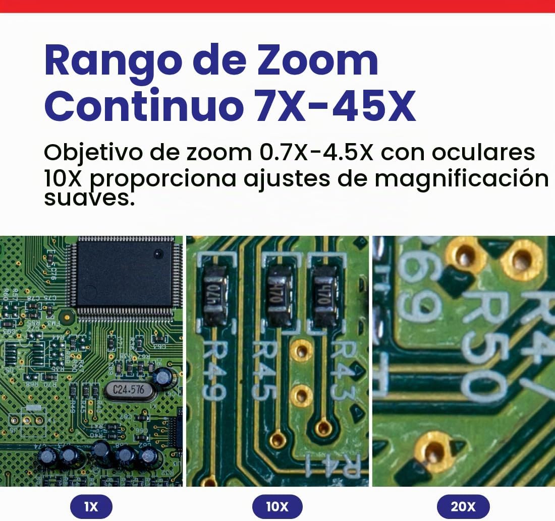 AmScope SM-3T microscopio estéreo trinocular profesional con zoom estereoscópico SM-3T con control simultáneo de enfoque, oculares WH10x, aumento 7X-45X, objetivo zoom 0.7X-4.5X, iluminación ambiental, soporte de pluma de doble brazo.