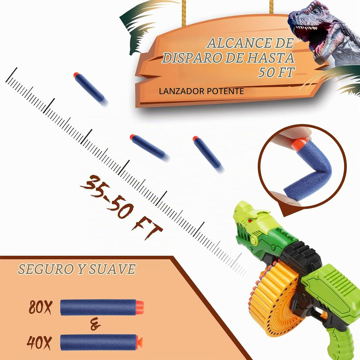 Pistola de juguete con 120 balas de espuma, tambor giratorio de 40 dardos, juego de disparos de pistola de dardos de espuma para actividades en interiores y exteriores, juguetes de dinosaurio, regalos de cumpleaños de Navidad para niños, adolescentes