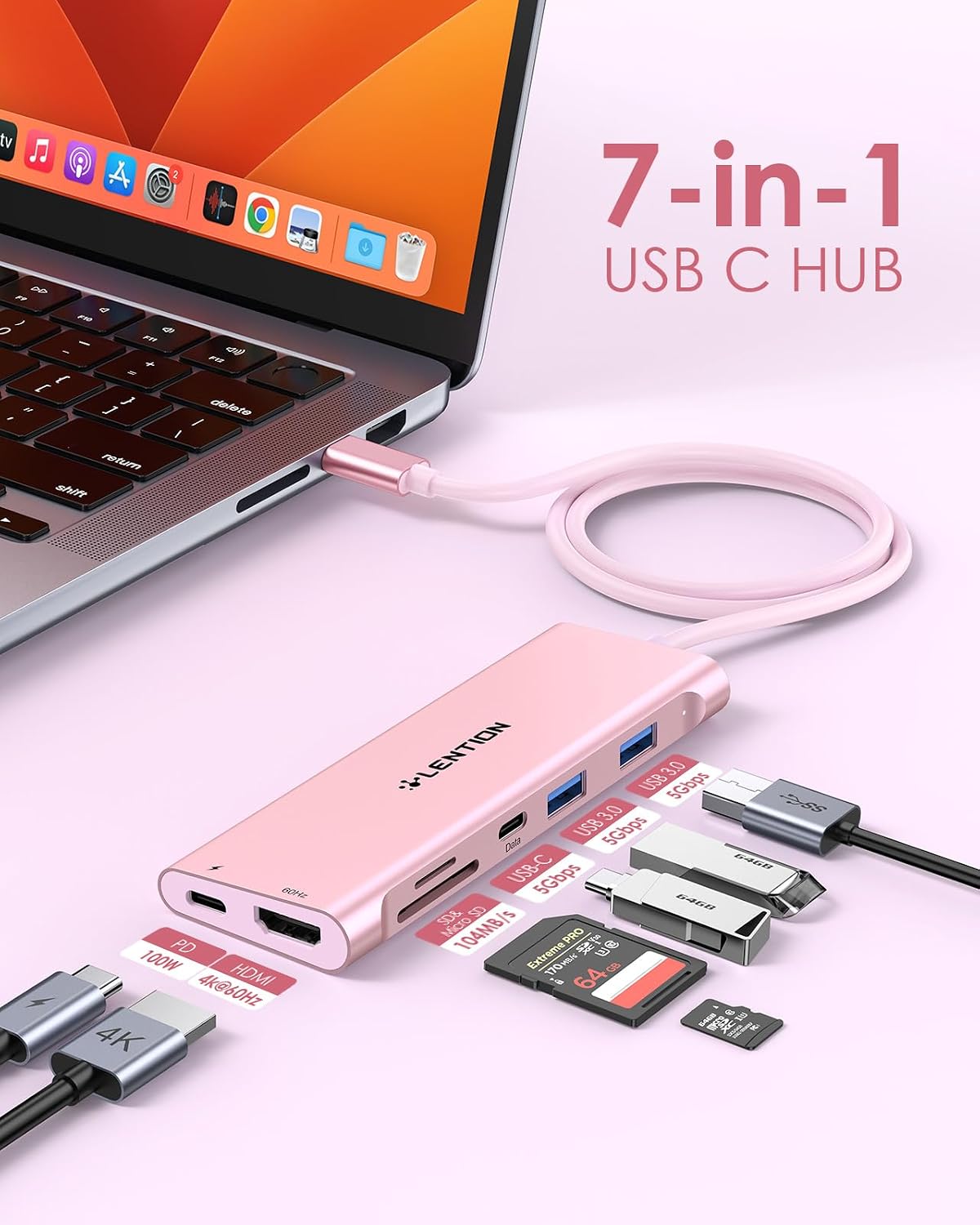 LENTION Hub USB C de cable de 3.3 pies de largo, 4K @60Hz, 100 W PD
