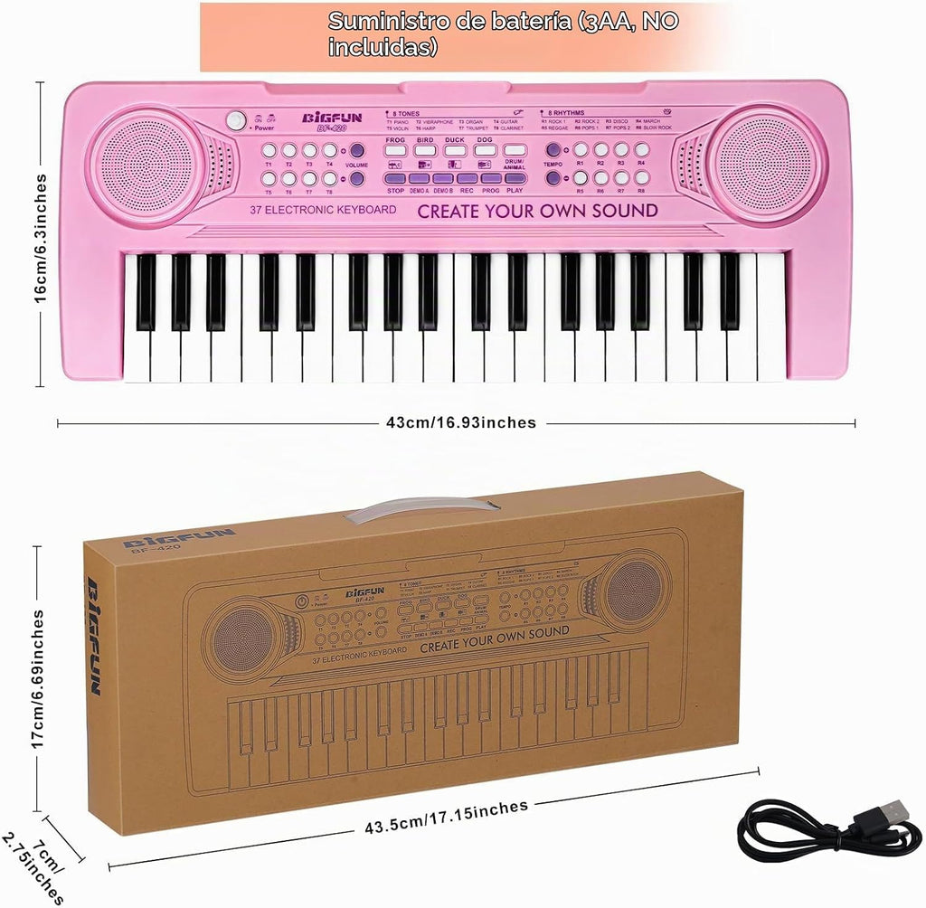 Piano de teclado electrónico de 37 teclas para niños de 3, 4, 5, 6, 7, 8, 9 años