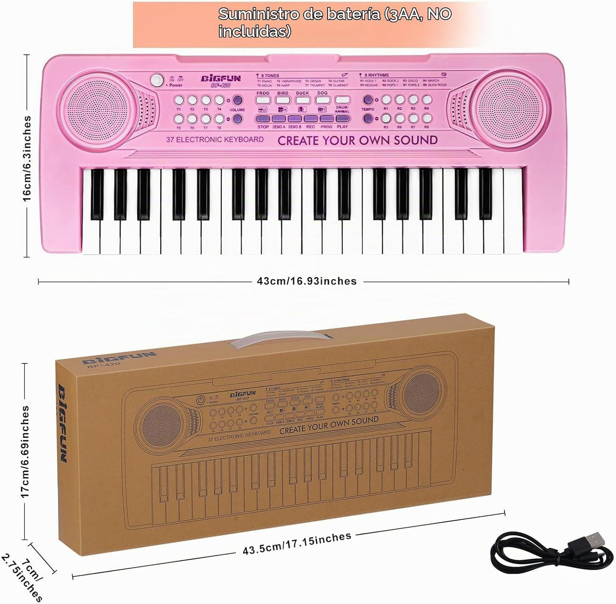 Piano de teclado electrónico de 37 teclas para niños de 3, 4, 5, 6, 7, 8, 9 años
