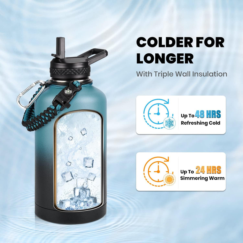 RAYMYLO Botella de acero inoxidable|Aislamiento al vacío de triple pared (fría por hasta 48 horas)|A prueba de fugas|Sin BPA|De 64 oz|Cuerda de paracaídas|Tapa con boquilla y popote