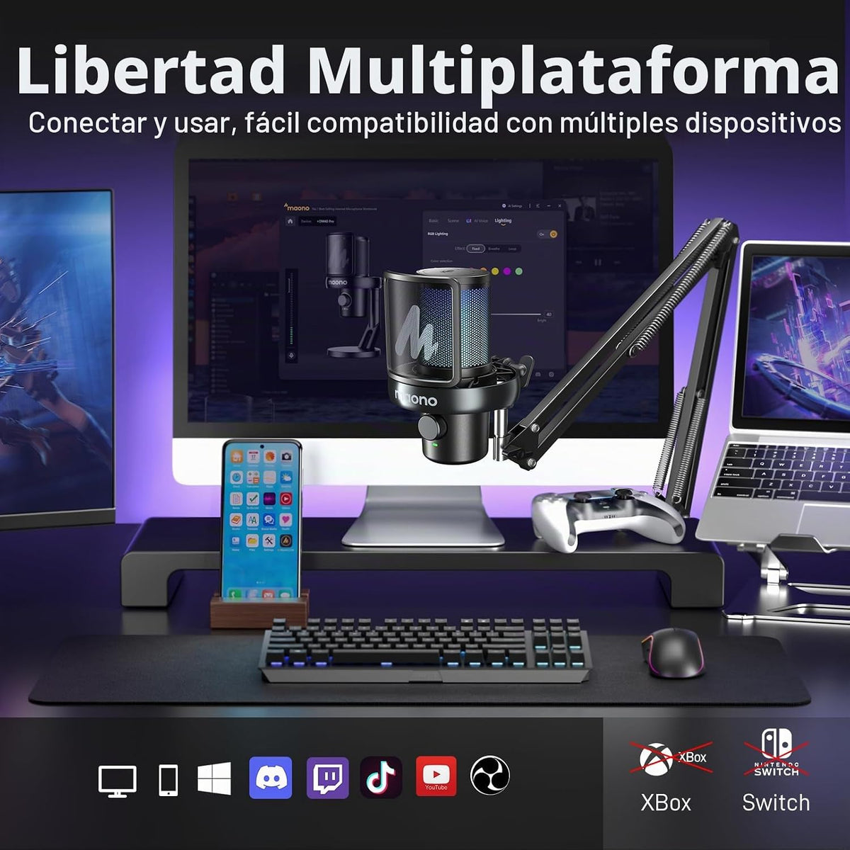 MAONO Micrófono inalámbrico DM40 Pro AI con soporte de brazo de micrófono, cancelación de ruido AI, cambiador de voz AI, toque para silenciar, micrófono de condensador inalámbrico de PC para juegos