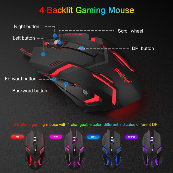 BlueFinger Combo de Teclado Gaming RGB de 87 Teclas y Mouse Retroil...