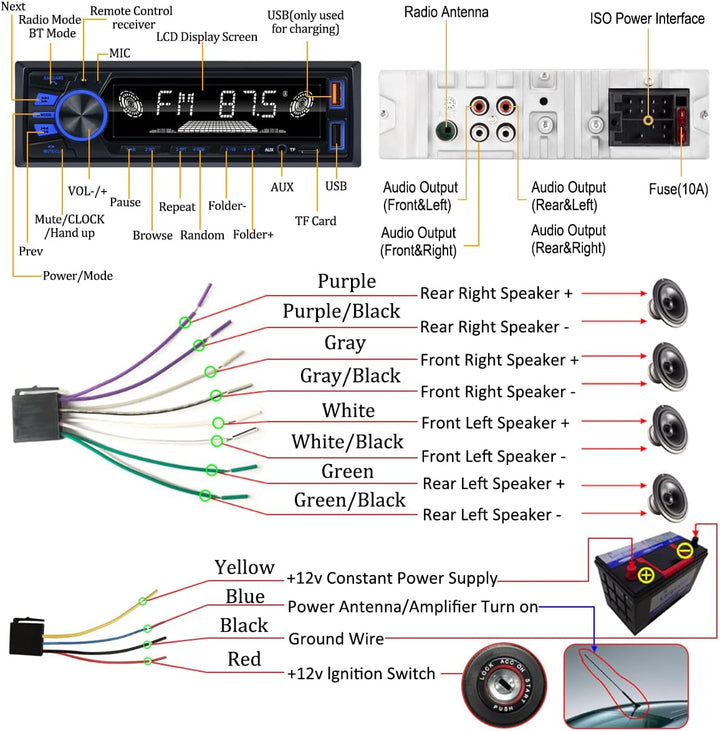 Radio de coche Bluetooth Single DIN Audio estéreo para