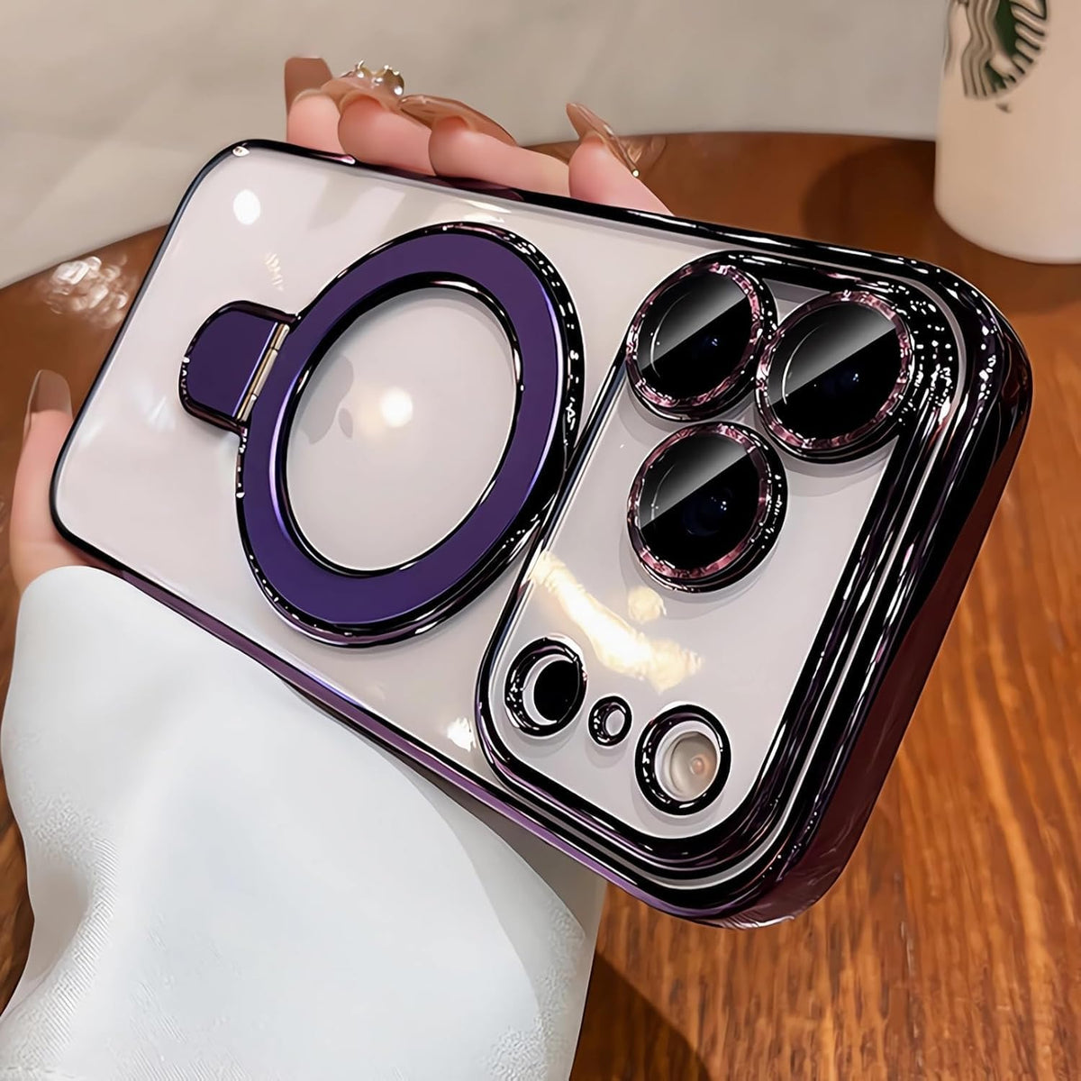 Funda magnética transparente para iPhone 17 Pro Max con soporte, protección completa de la cámara [compatible con Magsafe], funda para iPhone 17 Pro Max de 6.9 pulgadas, color morado