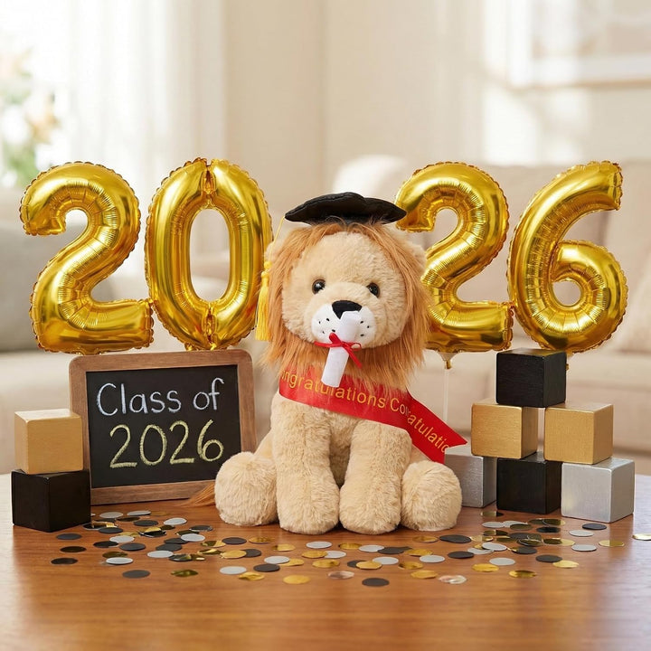 WEIGEDU Juguete de peluche de león de graduación con gorra y banda...