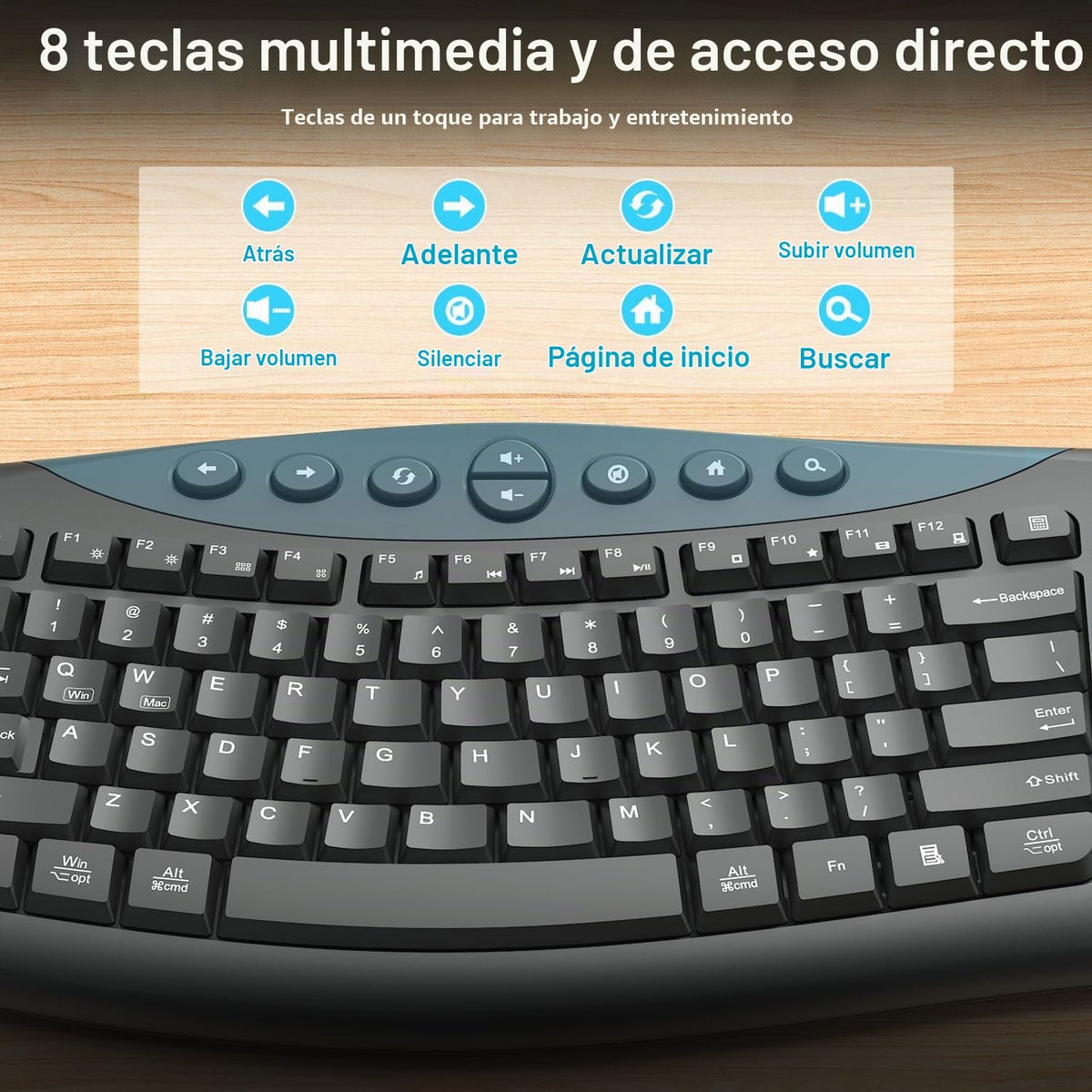 Teclado y Ratón Inalámbricos Combo, Teclas Curvadas Ergonómicas y Silenciosas (Gris Grafito)