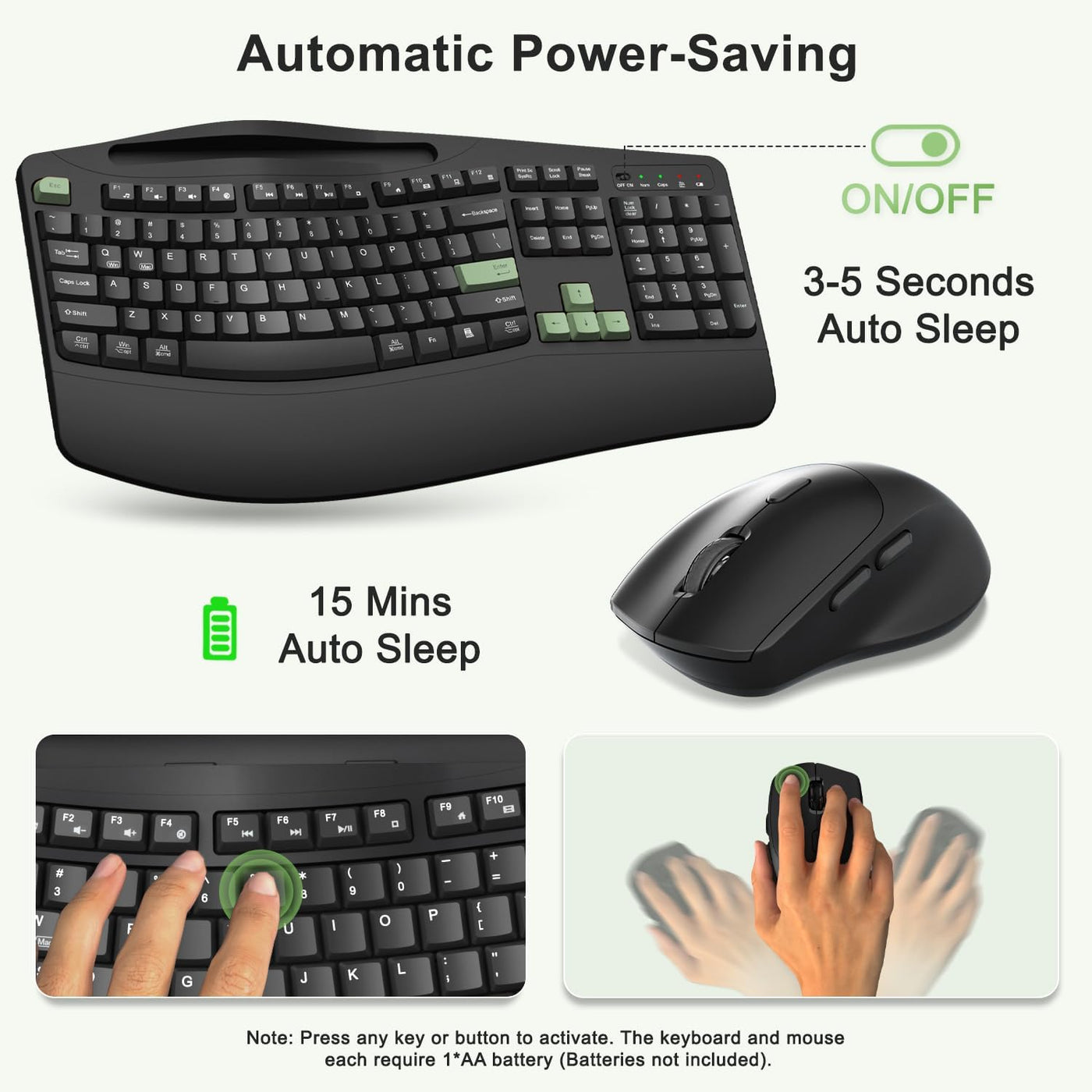 Combo de teclado y mouse inalámbricos, teclas onduladas de tamaño c...
