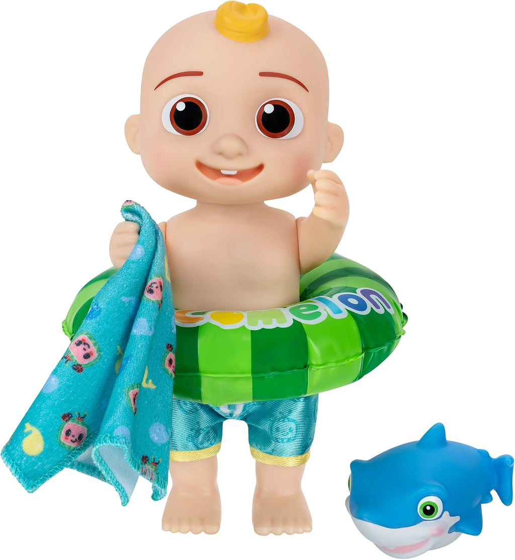 CoComelon - Muñeca JJ Splish Splash - con juguete de baño de tiburón y accesorios acuáticos para jugar con agua - Juguetes para niños y preescolares - Exclusivo de Amazon