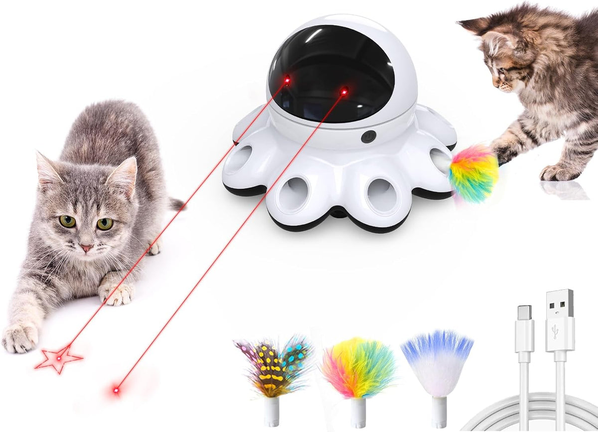 ORSDA Juguete láser para gatos, juguetes interactivos 2 en 1 para gatos de interior, puntero láser automático, 8 agujeros, ratones golpean una pluma móvil, juguetes electrónicos recargables por USB