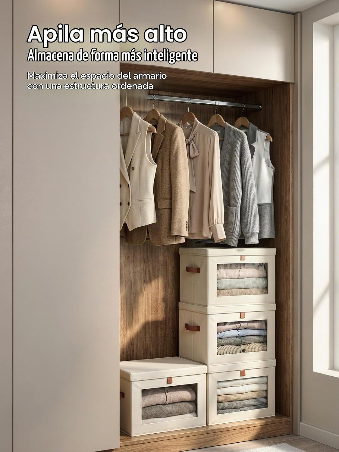Cajas de almacenamiento plegables - Organizador grande para armario con asas y ventana, cajas de almacenamiento decorativas, contenedores de tela para sala de estar, dormitorio, paquete de