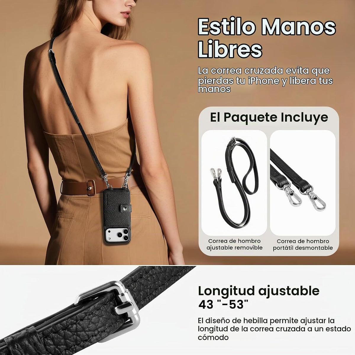 Funda de cuero Crossbody Wallet para iPhone 17 Pro - Negro