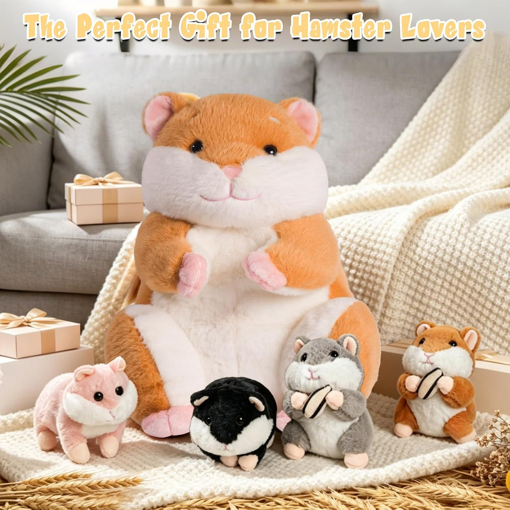 Peluche de hámster, 12'' Mamá con 4 hámsteres pequeños de colores