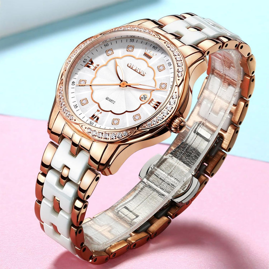 OLEVS Relojes de cerámica de lujo para mujer, reloj de oro rosa con diamantes brillantes para mujer, resistente al agua, analógico, de cuarzo, relojes para mujer