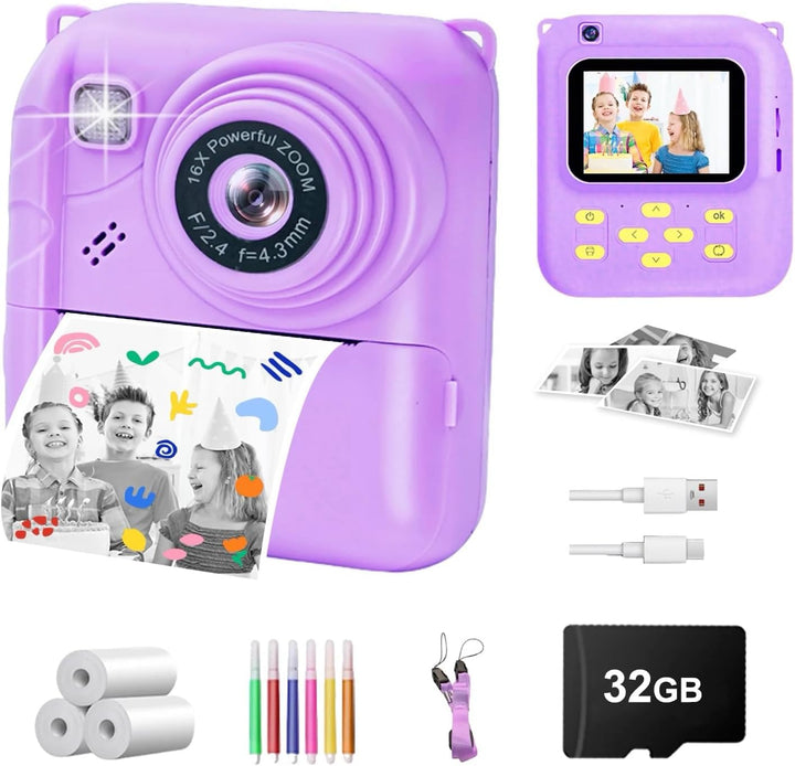 Cámara de impresión instantánea para niños, cámara de video 1080P c...
