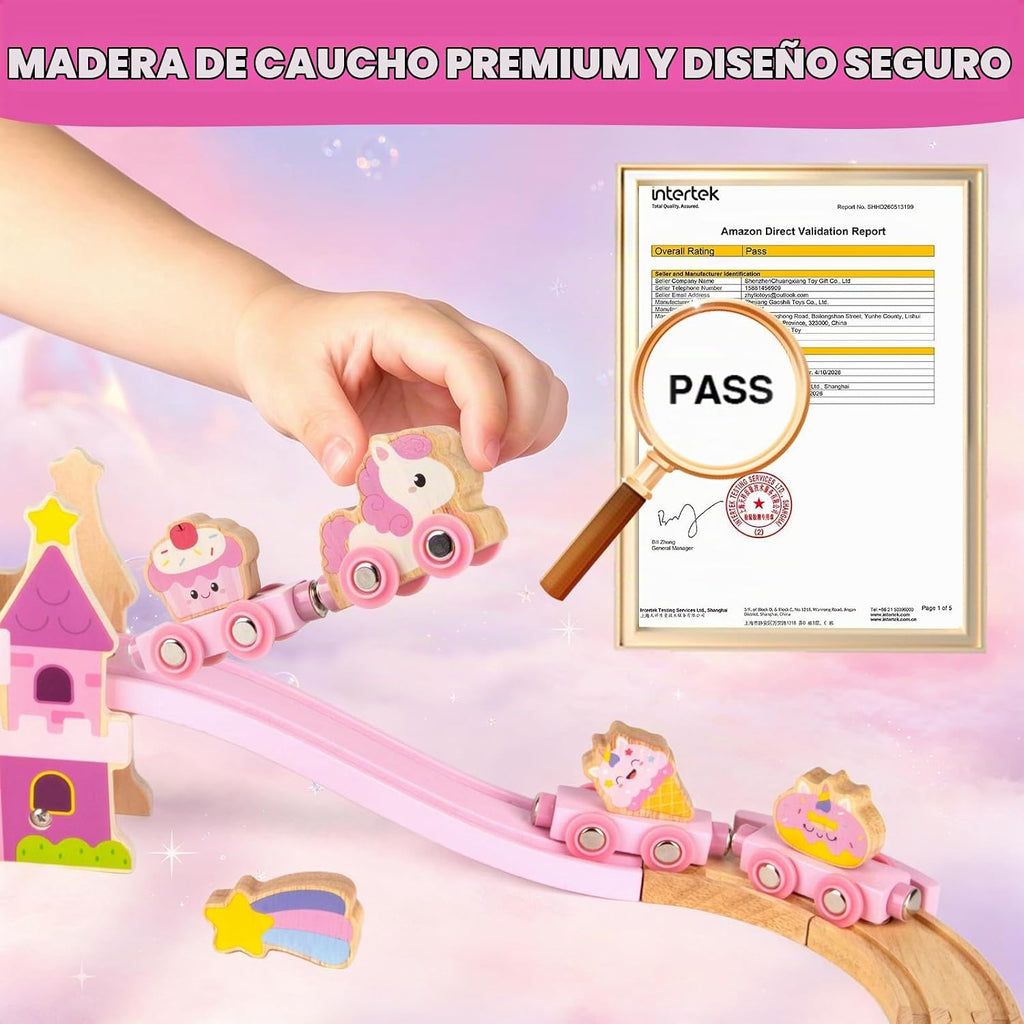Juego de tren de madera para niñas, juego de tren de castillo de