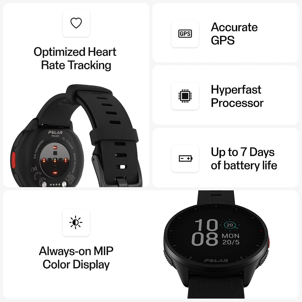 POLAR Pacer Ultra-Light GPS Fitness Tracker Smartwatch para corredores; S-L, para hombres o mujeres, Negro