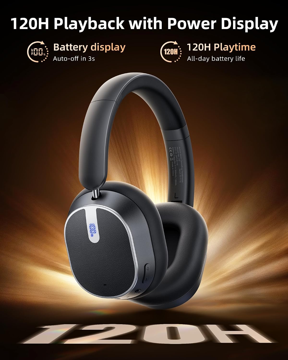 Auriculares con cancelación activa de ruido, 120 horas de reproducción, Bluetooth 6.0, auriculares inalámbricos con pantalla de alimentación y llamadas ENC de 6 micrófonos, audio espacial de 360°