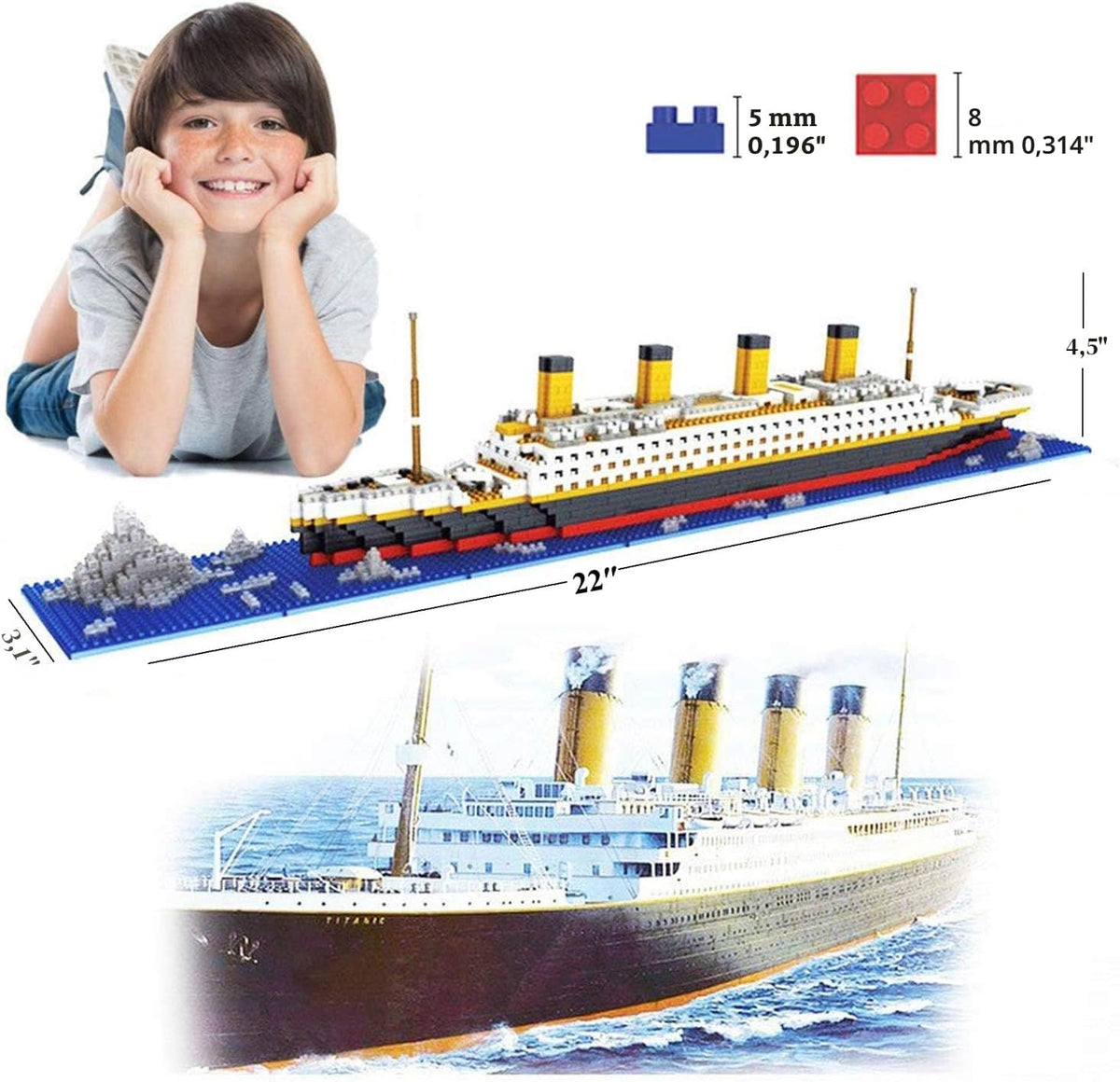 Titanic Ship - Juego de bloques de construcción modelo de barco, juegos de rompecabezas 3D, juguetes educativos de bricolaje, juguete de ladrillos, con 1860 piezas de microbloques pequeños,