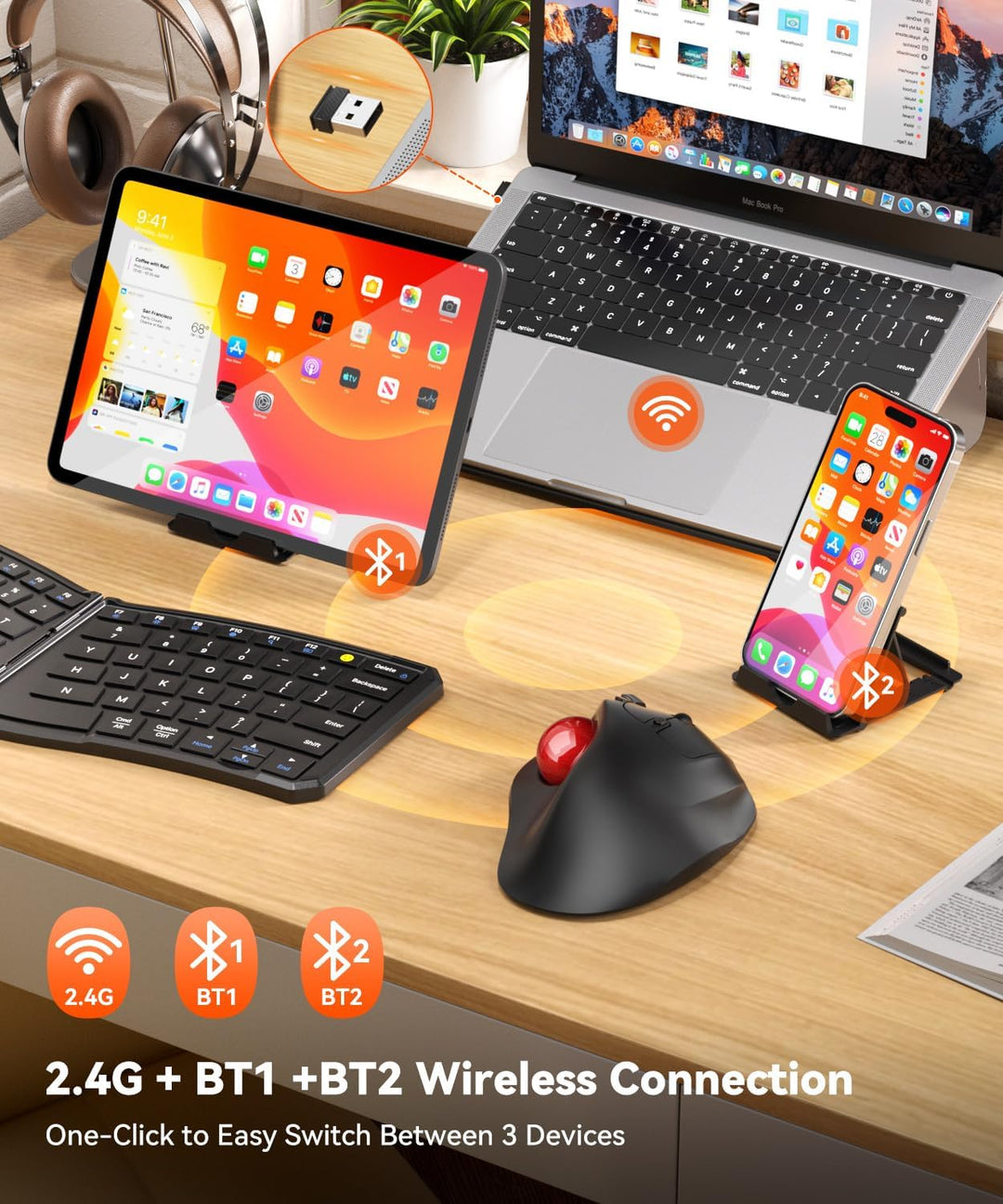Ratón ergonómico inalámbrico de Trackball, conexión de 3 dispositiv...