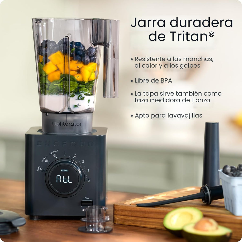 Chefman Obliterator - Batidora de encimera de 48 onzas para batidos, motor de 1380 W para triturar hielo, nueces y frutas congeladas con hoja de acero inoxidable, función de mezcla automática, incluye