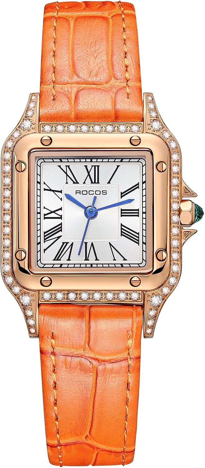 ROCOSJEWE Reloj de lujo naranja para mujer, reloj de vestir cuadrado vintage elegante con bisel de cristal, correa de cuero rosa dorado, analógico, resistente al agua 30m, reloj de pulsera para mujer