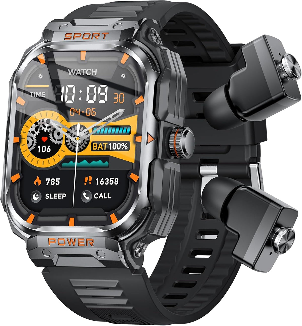 Reloj inteligente militar con auriculares para hombres y mujeres, pantalla táctica de 2 pulgadas, modos deportivos, rastreador de fitness, frecuencia cardíaca, responder/hacer llamadas, monitor de sueño, combo de auriculares integrado de reloj